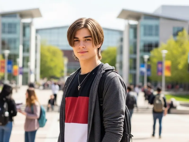 Curtain bangs hairstyle for college boys.