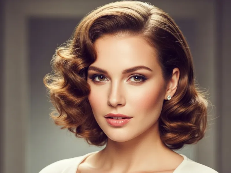Deep side part with curls to reduce forehead prominence.