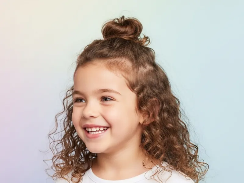Girl with curly half-up top knot hairstyle.