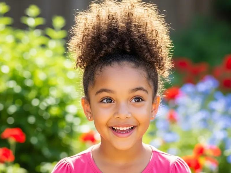 Girl with curly hair in a high puff ponytail.