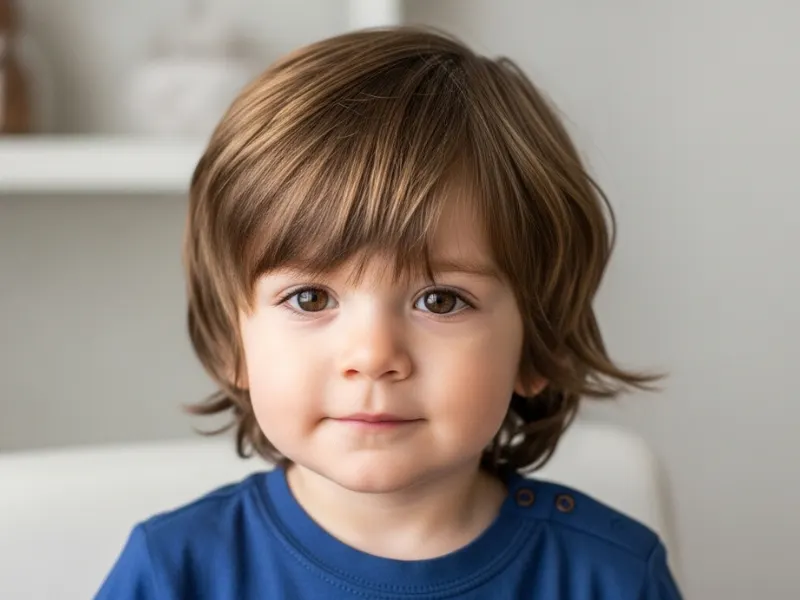 Toddler boy layered fringe hairstyle age 1–3 years.