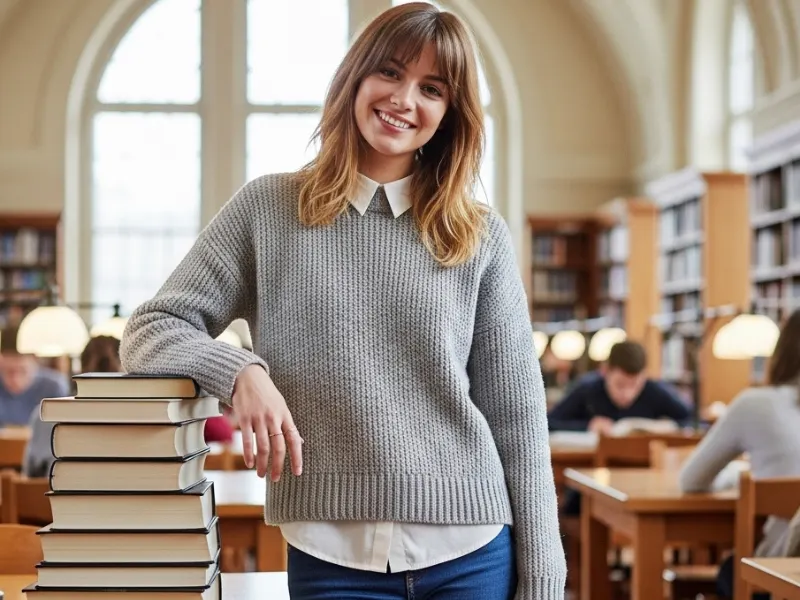 Layered hairstyle with bangs for college girls.