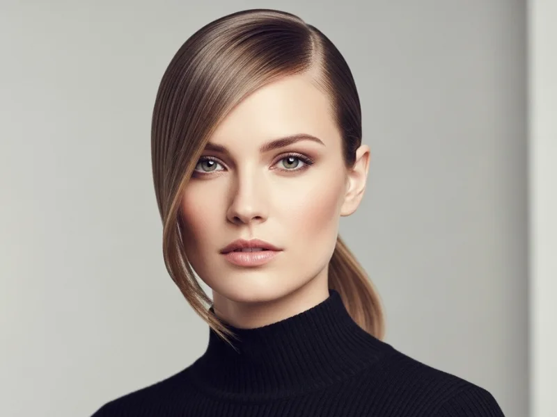 Low ponytail with side part to balance big forehead.