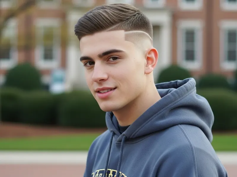 : Low skin fade hairstyle with lineup for college students.