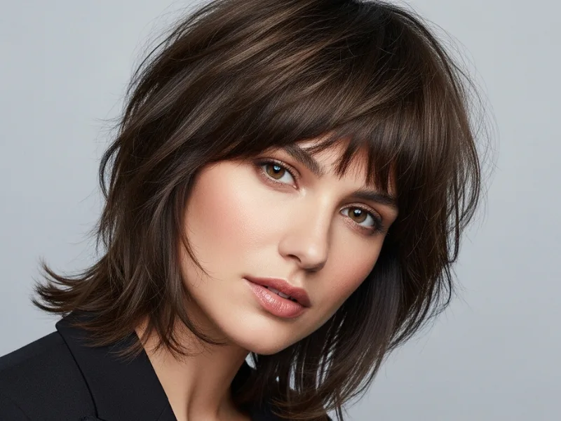Medium-length hair with choppy bangs for big foreheads