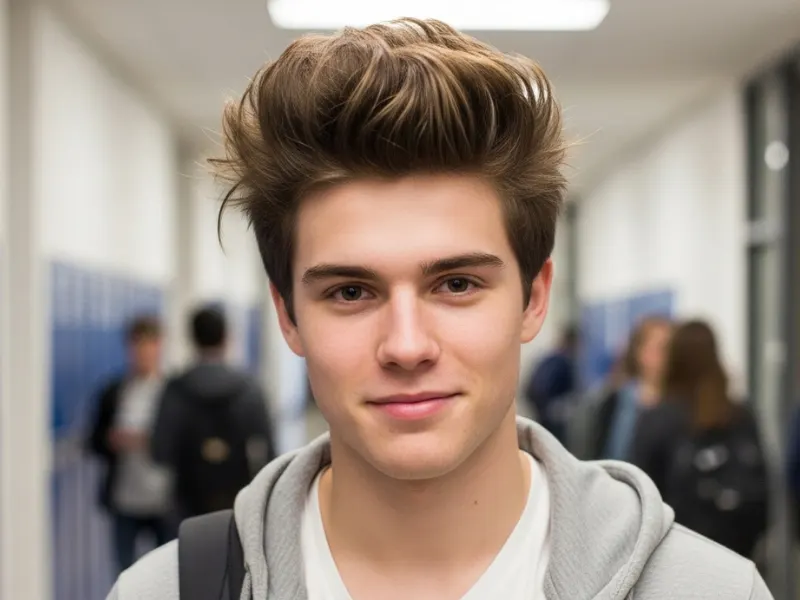 College boy messy quiff hairstyle.