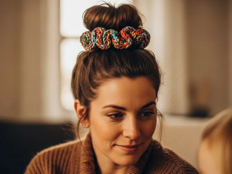 Messy top bun with scrunchie