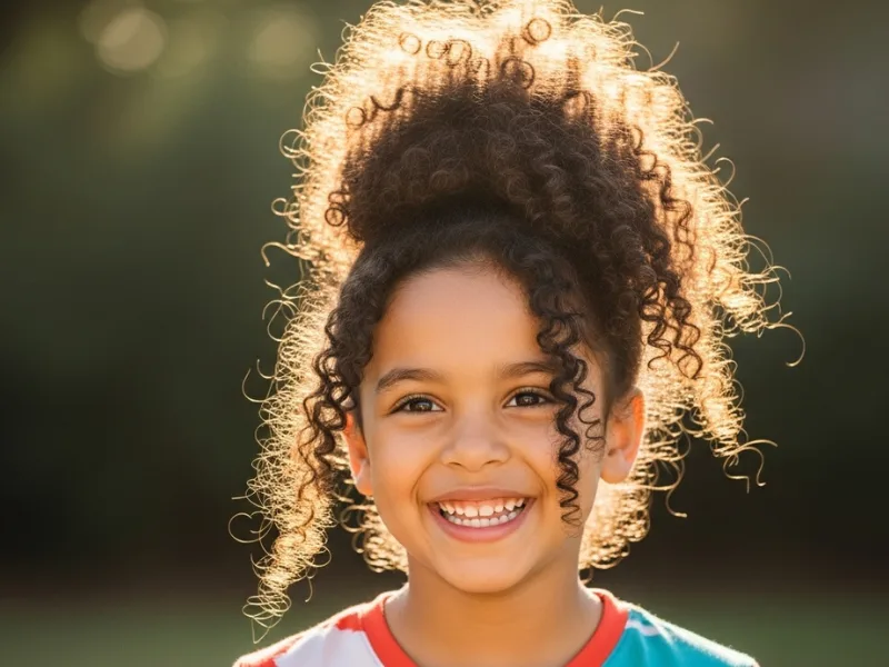 Kid with curly hair in pineapple updo.