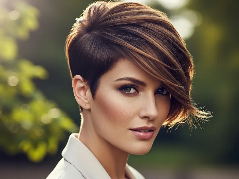 Pixie cut with long bangs for women with big foreheads.