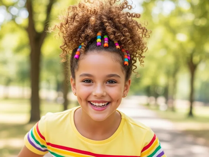 Girl with puff ponytail and beads.