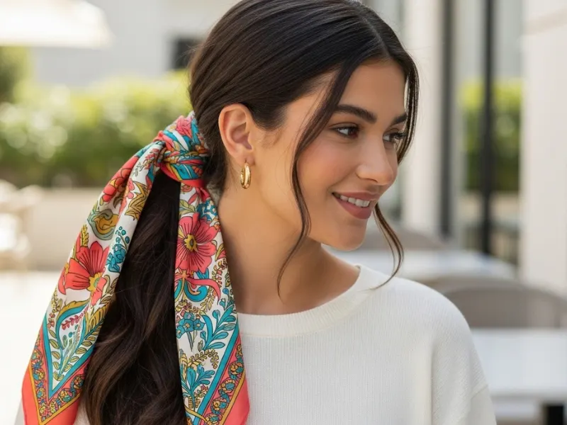 scarf ponytail on long hair