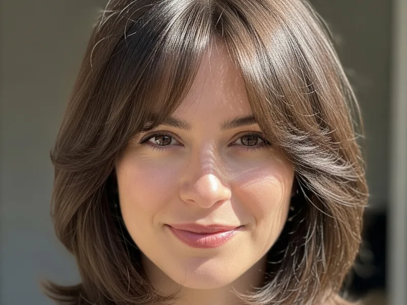 Shoulder-length haircut with curtain bangs for big foreheads.