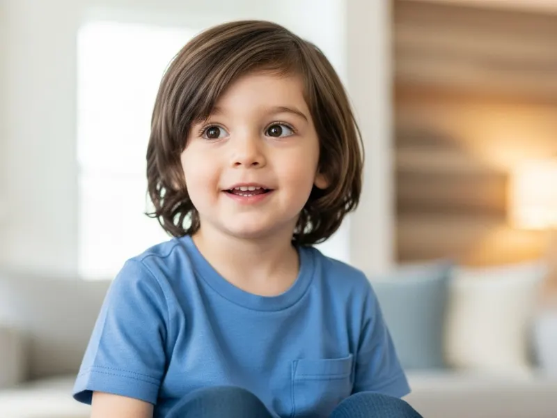 Toddler boy side swept bangs hairstyle age 1–3 years.