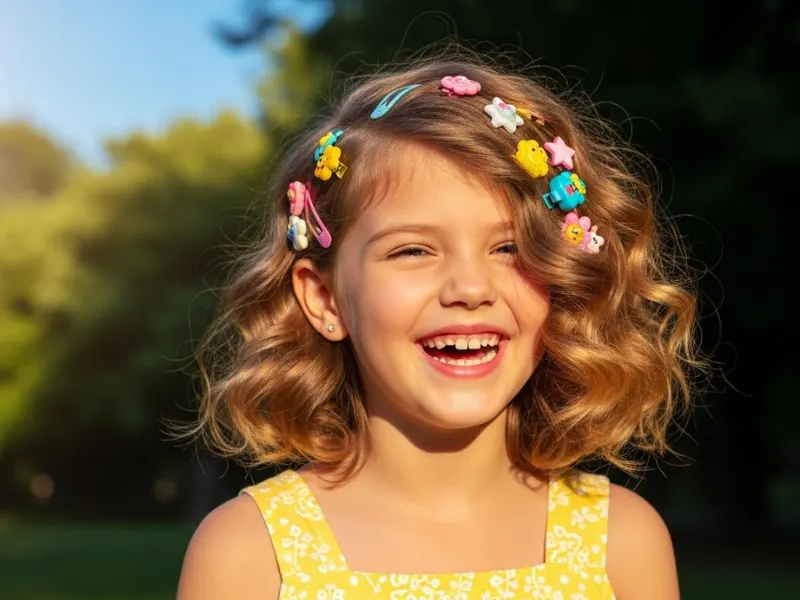 Child with side-swept curly hair and clips
