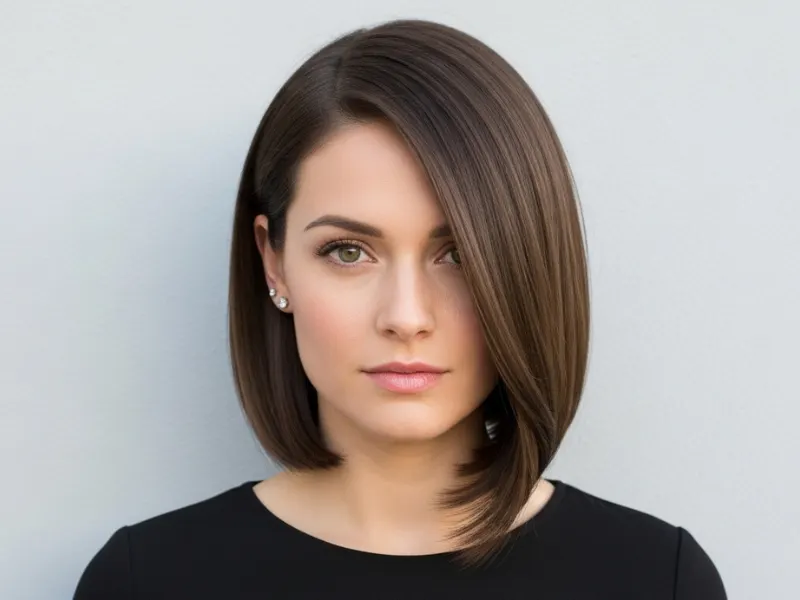 Woman with sleek shoulder-length bob haircut for big forehead.