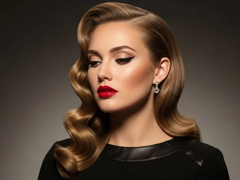 Soft Hollywood waves with side part for big foreheads.