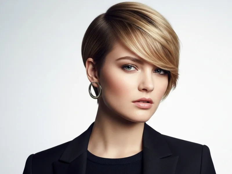 Soft side-swept pixie cut to flatter big forehead.