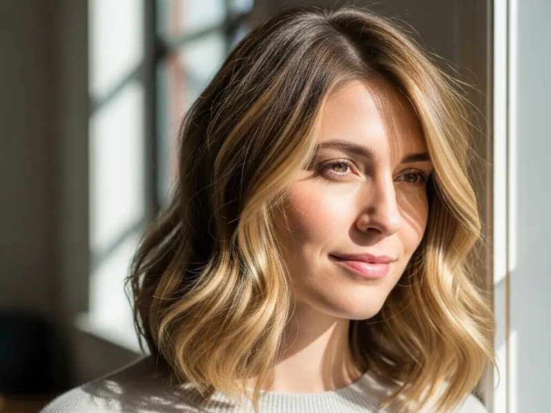 Woman with textured lob and side part for big forehead.