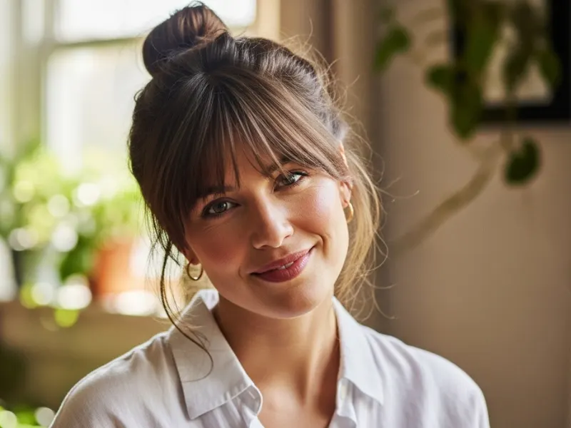 Top knot with wispy bangs for forehead coverage.
