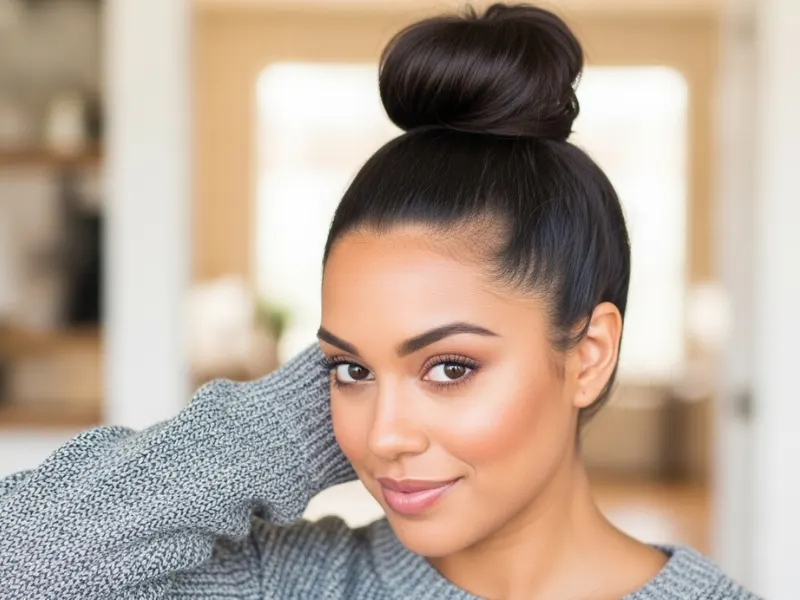 Top knot bun hairstyle for women.