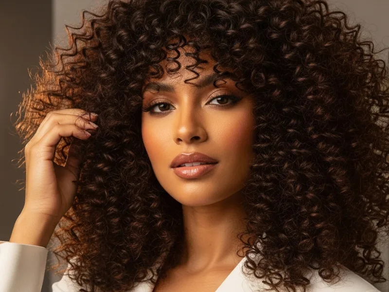 Woman with voluminous curls and bangs to flatter a big forehead.