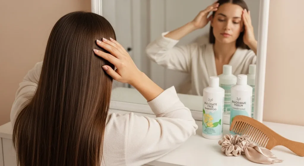 Woman applying hair oil as part of a healthy hair routine