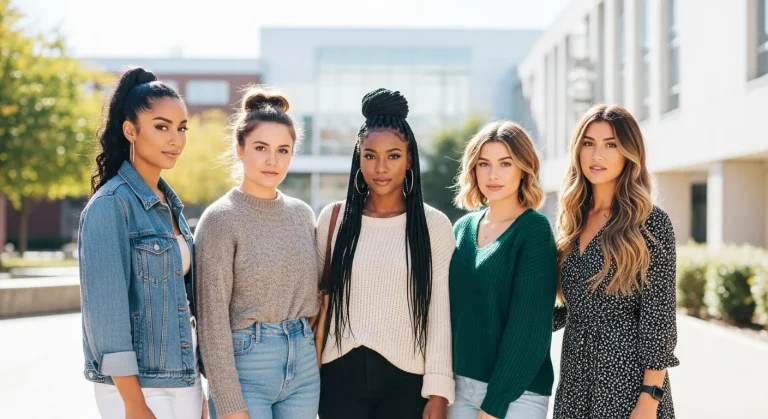 Featured image showing trendy college hairstyles for girls including ponytail, messy bun, braids, bob, and waves.