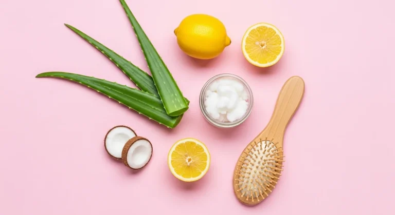 natural itchy scalp remedies ingredients flat lay with aloe vera coconut oil lemon and hairbrush