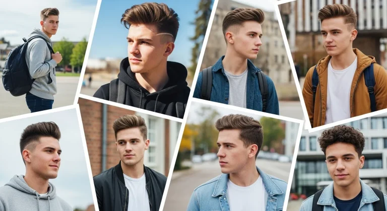 Featured image showing trendy college hairstyles for boys including fades, quiffs, undercuts, and curly cuts.
