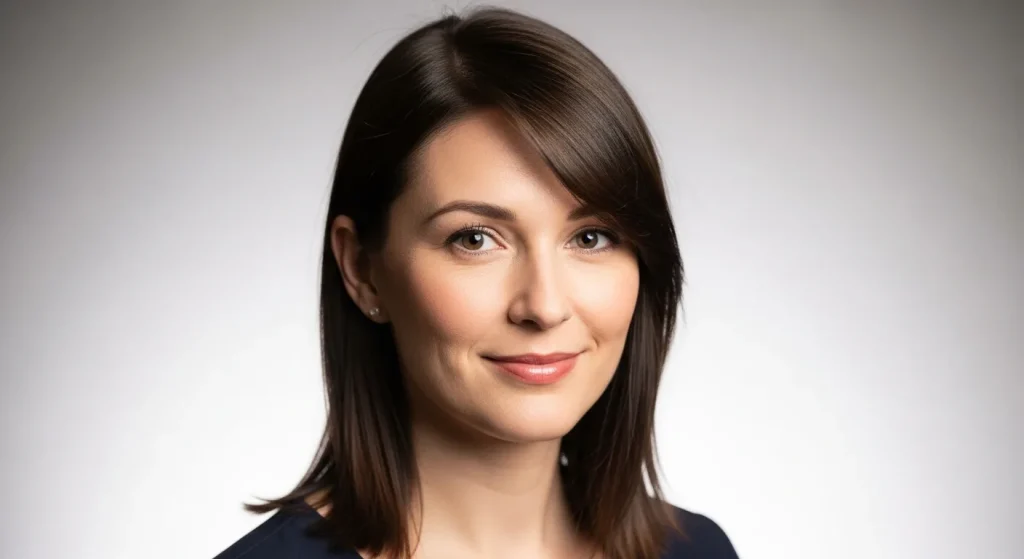 Woman with wispy side bangs to soften a big forehead.