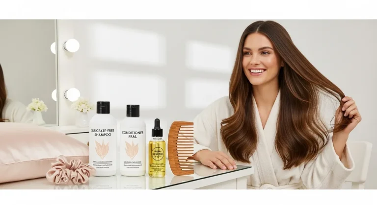 Woman with shiny hair sitting at a vanity with healthy hair routine essentials