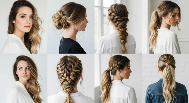 collage of women wearing different casual hairstyles for long hair