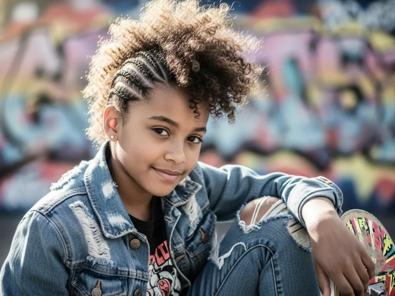 Girl with curly mohawk hairstyle.