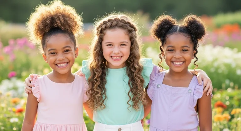 Three young girls wearing different curly hairstyles for kids smiling outdoors