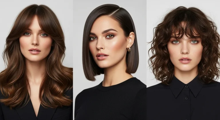 A collage of three fashionable women showcasing hairstyles designed to flatter big foreheads, including curtain bangs, a sleek bob, and voluminous curls.