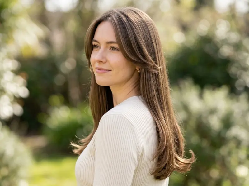 Long thin hair with soft face-framing layers.Long fine hair enhanced with subtle face-framing layers to add movement without reducing density.