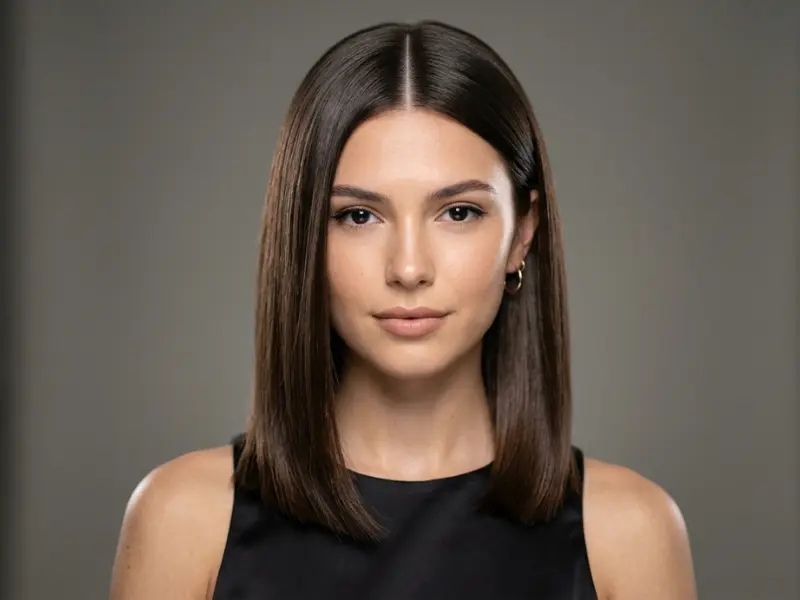 Glossy straight center part hairstyle for thin hair.