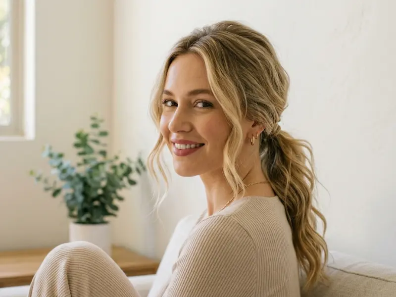 Low textured ponytail hairstyle for thin hair.