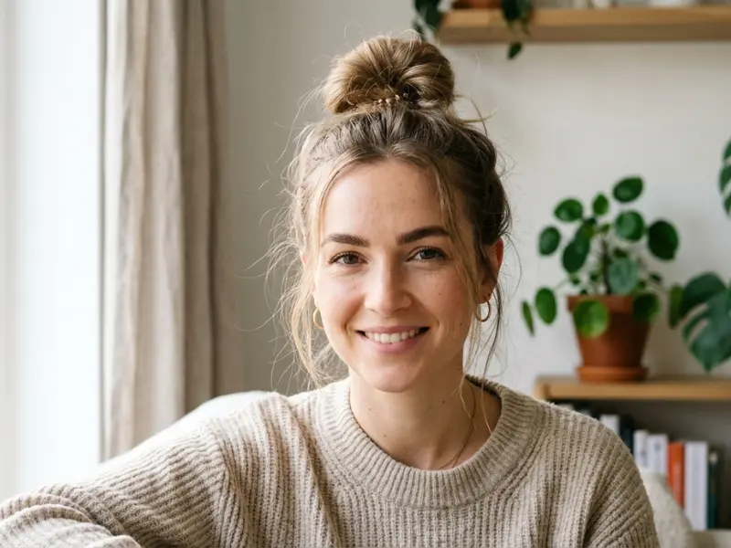 Messy top knot aesthetic hairstyle for thin hair.