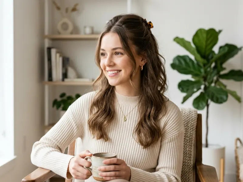 Half-up mini claw clip hairstyle for thin hair.