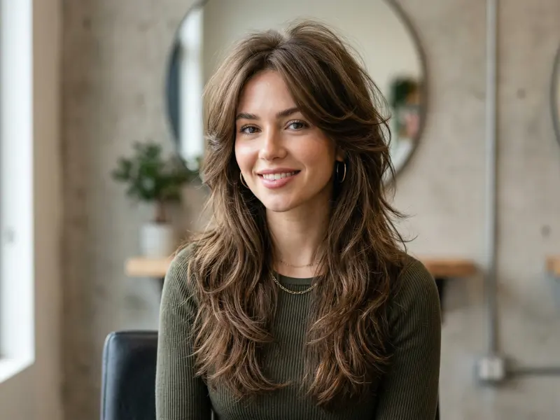 Soft butterfly cut for thin hair with layered crown and natural volume.