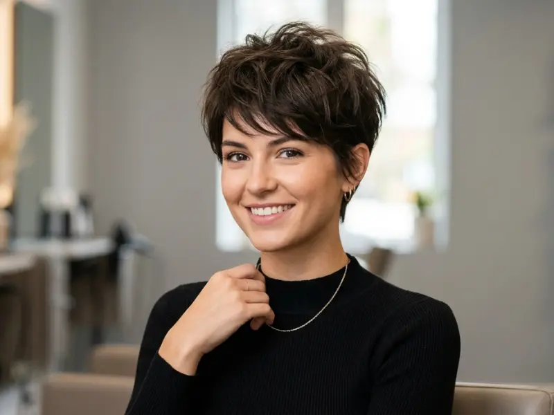 Textured pixie cut for thin hair with crown volume.