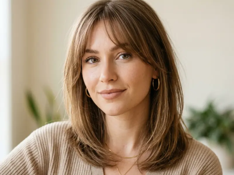 Wispy curtain bangs on thin shoulder-length hair.